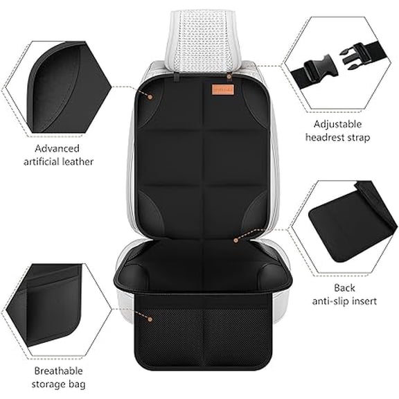 Smart Elf Car Seat Protector 1 Pack, Thick Padded Anti-Slip Child Car Seat Mat with Mesh Storage Pockets, Universal Fit for SUV, Sedan, Truck, Leather & Fabric Car Seats, Black