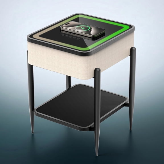 Smart End Table with Charging Station, Bluetooth Speaker Nightstand with Wireless Charging, RGB LED Lights, USB & Type-C Ports, Rectangular Glass Top Side Table for Living Room Bedroom, Beige