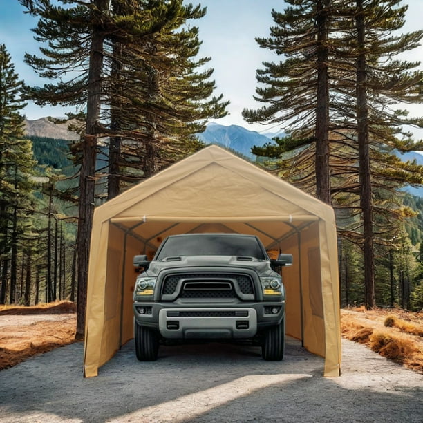 Smart FENDEE 12x20 ft Carport Heavy Duty Canopy Portable Garage Car Shelter Canopy Iron Khaki