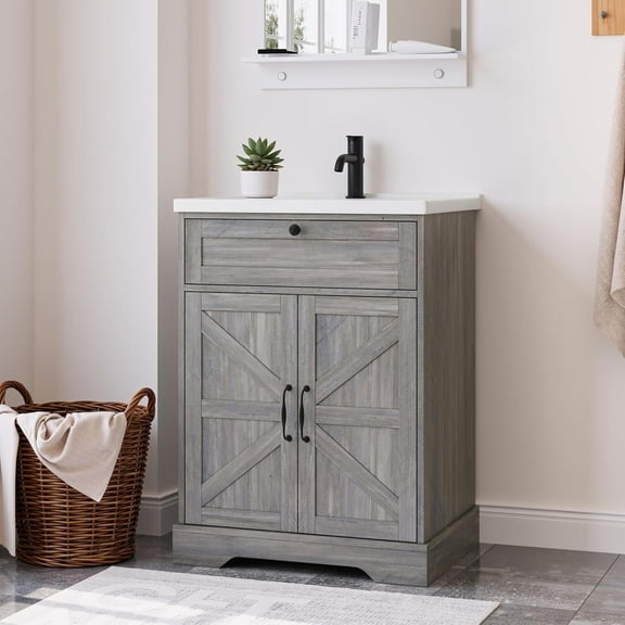 Smart FENDEE 22.83" Bathroom Vanity with Sink, Storage Cabinet with Barn Door & Drawer, Grey