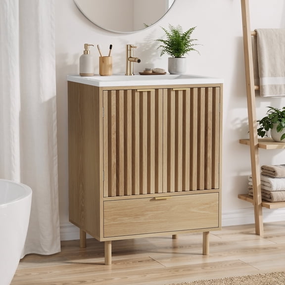 Smart FENDEE 22.83" Bathroom Vanity with Resin Sink, Storage Cabinet with Barn Door & Drawer, White