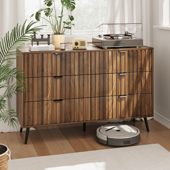 Smart FENDEE 6 Double Drawer Dresser for Bedroom Chest of Drawer, Storage Cabinet, Walnut