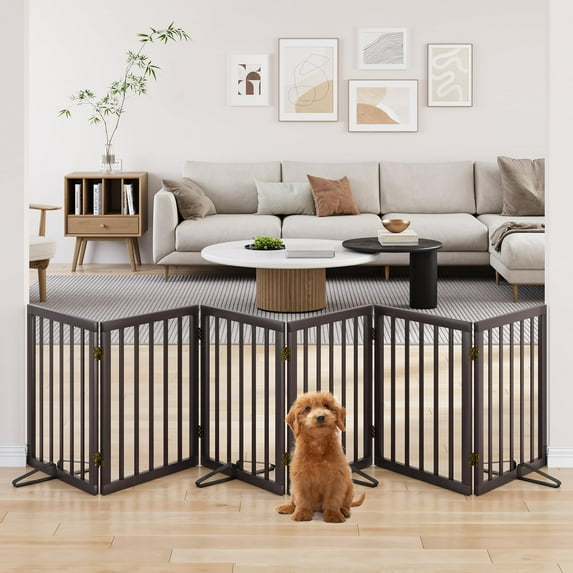 Smart FENDEE 6 Panels Foldable Dog Gate Extra Wide Entryway Freestanding Bamboo Pet Fence, 24"H,Brown