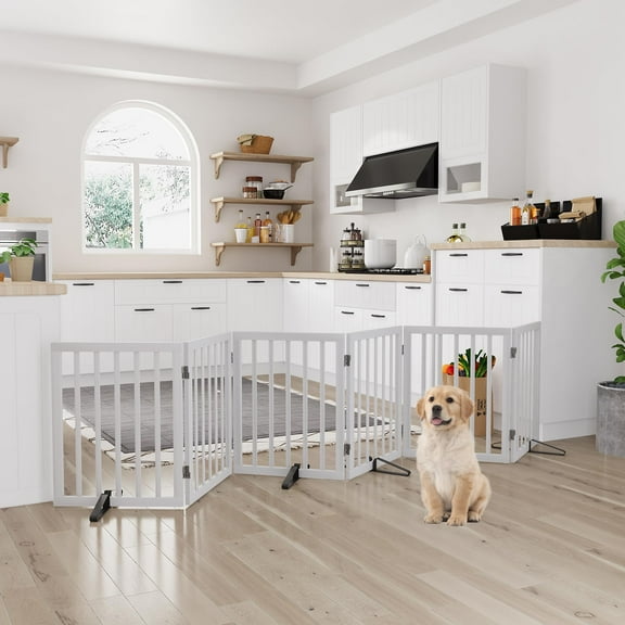 Smart FENDEE 6 Panels Foldable Dog Gate Extra Wide Entryway Freestanding Bamboo Pet Fence, 24"H,White
