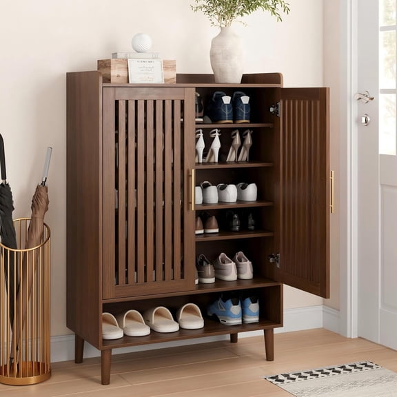 Smart FENDEE 6-Tier Shoe Cabinet with 2 Slatted Doors, Gold Handle, Entryway Shoe Organizer, Walnut