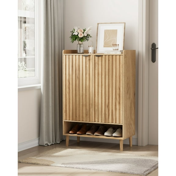 Smart FENDEE 6-Tier Shoe Storage Cabinet with 2 Fluted Doors, Entryway Shoe Storage, Natural