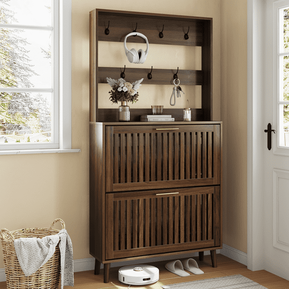 Smart FENDEE 62.99“ Tall Shoe Cabinet with Rack and 7 Hooks, 2 Flip-Down Drawer, Hall Tree, Walnut
