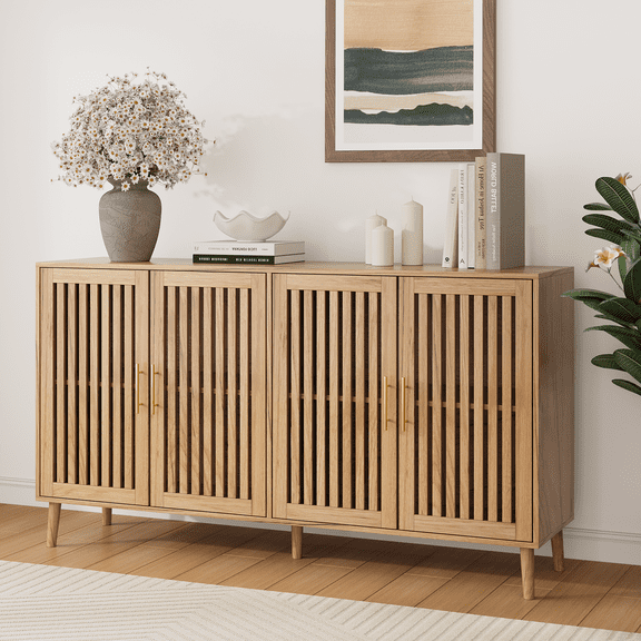 Smart FENDEE 63"W Sideboard Storage Cabinet with Slatted Doors and Adjustable Shelf,Dining Room,Natural