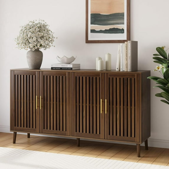 Smart FENDEE 63"W Sideboard Storage Cabinet with Slatted Doors and Adjustable Shelf,Dining Room,Walnut