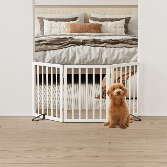Smart FENDEE Bamboo Dog Gate Foldable Pet Gate for Doorway, 2 Metal Stands, White,Expands Up to 55"W