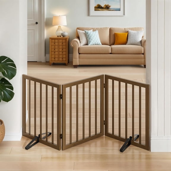 Smart FENDEE Bamboo Dog Gate Freestanding 3 Panel Pet Gate for Doorways, 2 Support Feet, Black Walnut