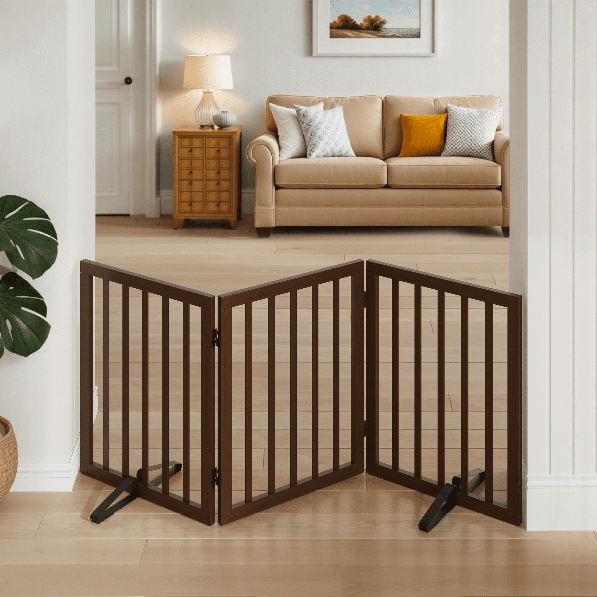 Smart FENDEE Bamboo Dog Gate Freestanding 3 Panel Pet Gate for Doorways, 2 Support Feet, Espresso