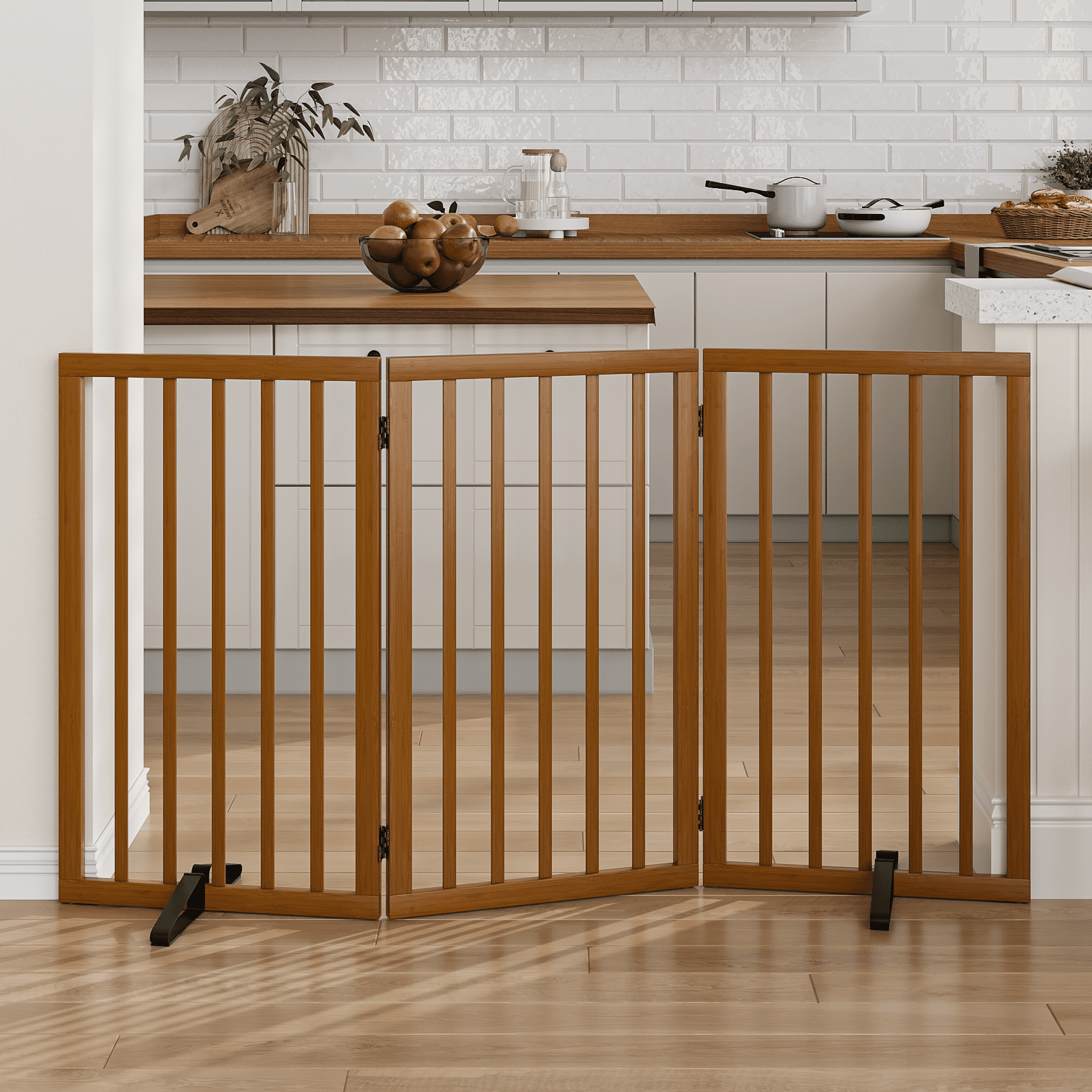 Smart FENDEE 33" Tall Foldable Bamboo Freestanding Pet Gate with Dog Gate and Support Feet, Expands to 55" Wide