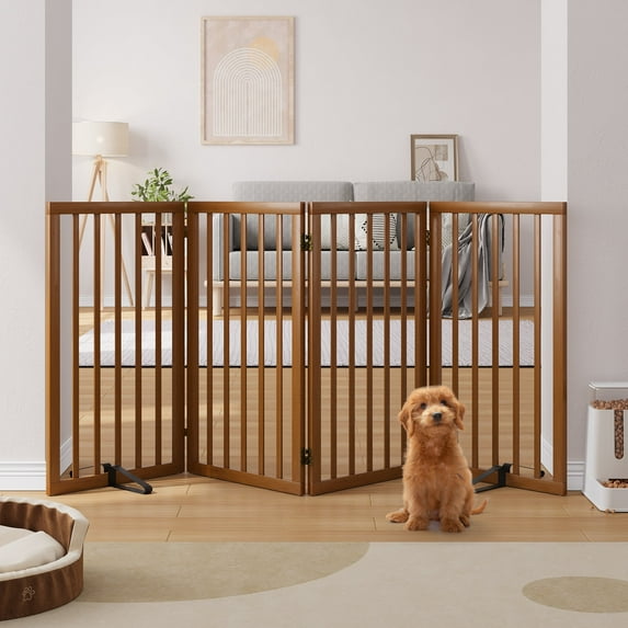 Smart FENDEE Bamboo Dog Gate Freestanding 4 Panel Pet Gate with 2 Support feet, 33" Tall, Walnut