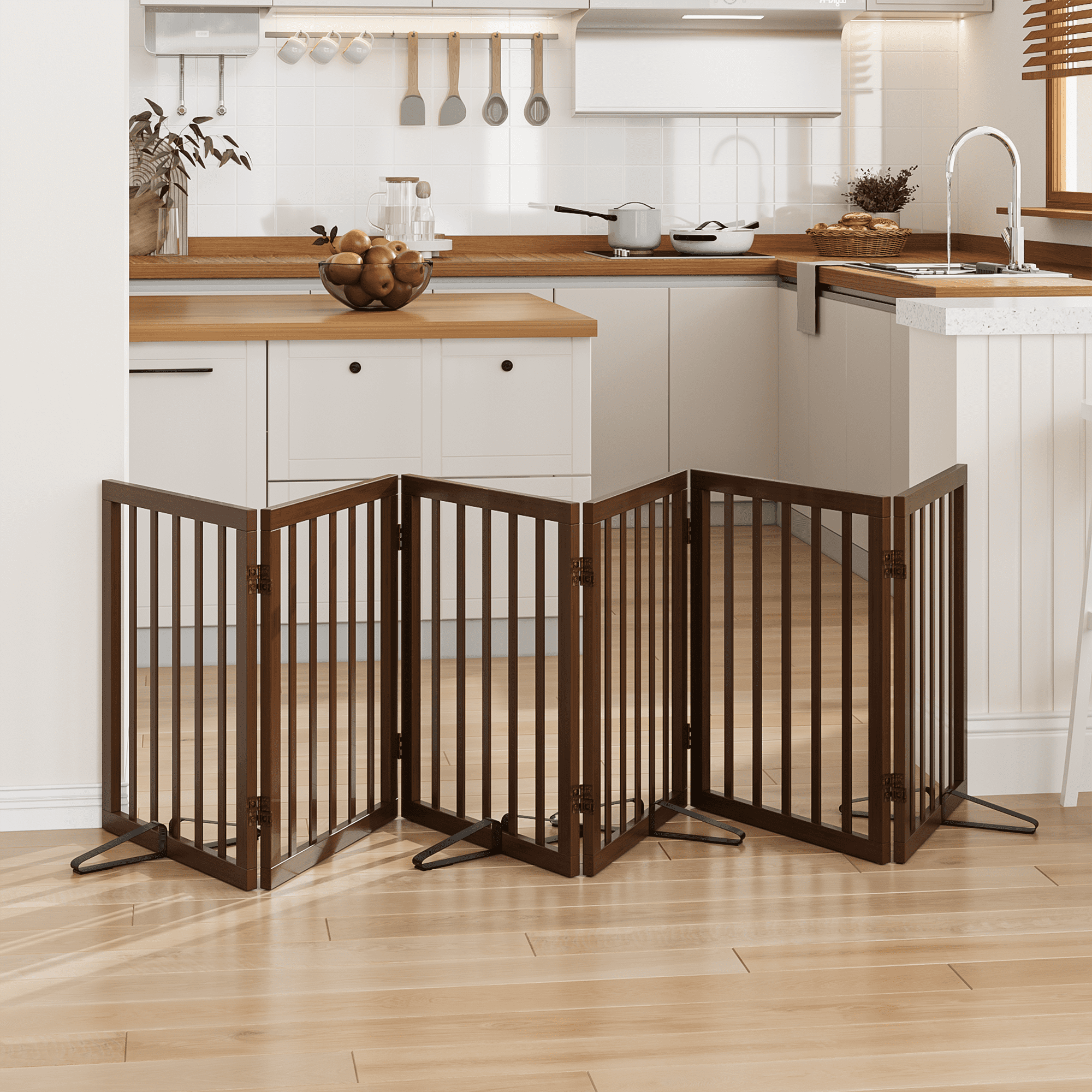 Smart FENDEE Bamboo Dog Gate Freestanding 6 Panel Pet Gate for Doorways, 4 Support Feet, Espresso
