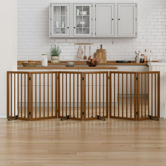 Smart FENDEE 6 Panel Foldable Bamboo Freestanding Pet Gate with Dog Gate and 4 Support Feet, Expands to 110 in Wide