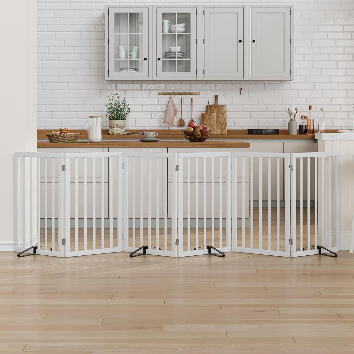 Smart FENDEE 33" Tall Foldable Bamboo Freestanding Pet Gate with Dog Gate and Four Support Feet, Expands to 110 in Wide