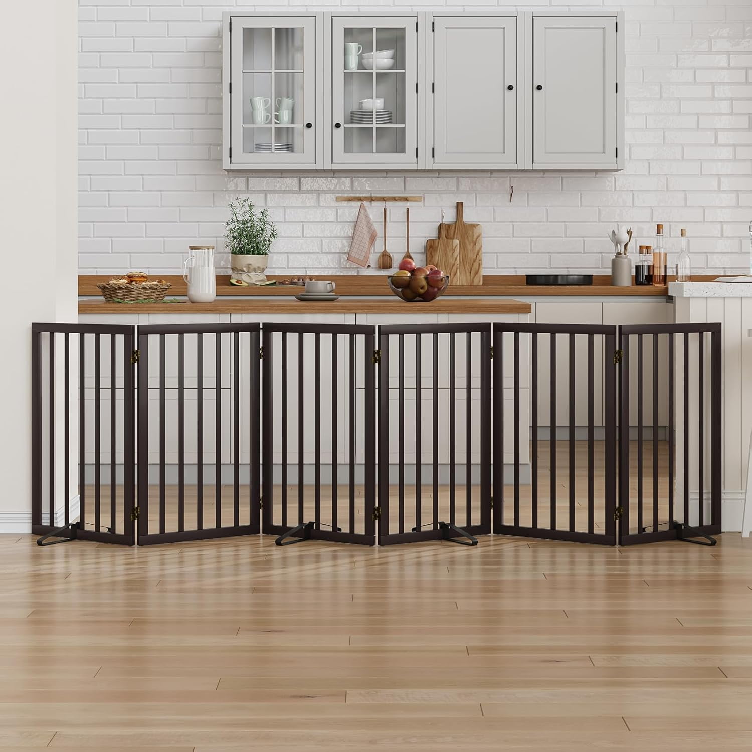 Smart FENDEE 6 Panel Foldable Bamboo Freestanding Pet Gate with Dog Gate, Expands to 110 in Wide