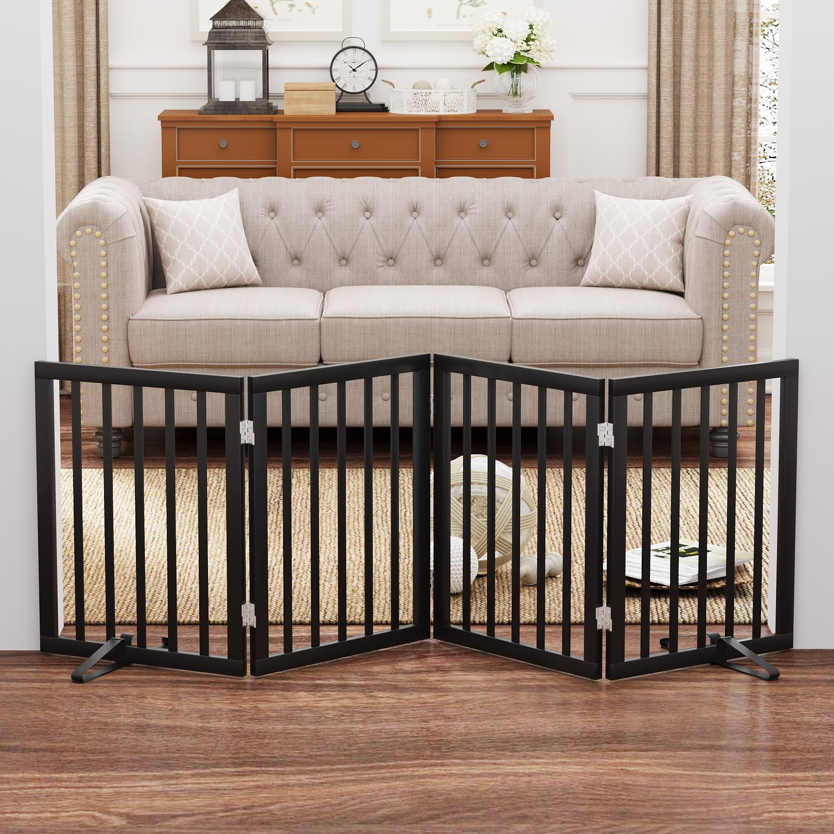 Smart FENDEE Bamboo Dog Gate Freestanding Pet Gate with 2 Support Feet for Doorways,Black,24"H,4 Panel
