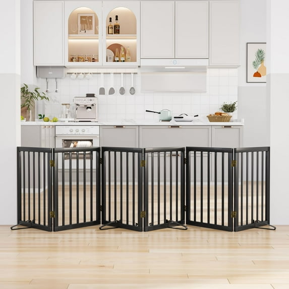 Smart FENDEE Bamboo Dog Gate Freestanding Pet Gate with 2 Support Feet for Doorways,Black,24"H,6 Panel