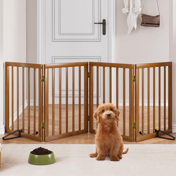 Smart FENDEE Bamboo Dog Gate Freestanding Pet Gate with 2 Support Feet for Doorways,Walnut,24"H,4 Panel