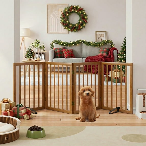 Smart FENDEE Bamboo Dog Gate Freestanding Pet Gate with 2 Support Feet for Doorways,Walnut,24"H,4 Panel