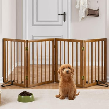 Smart FENDEE Bamboo Dog Gate Freestanding Pet Gate with 2 Support Feet for Doorways,Walnut,24"H,4 Panel