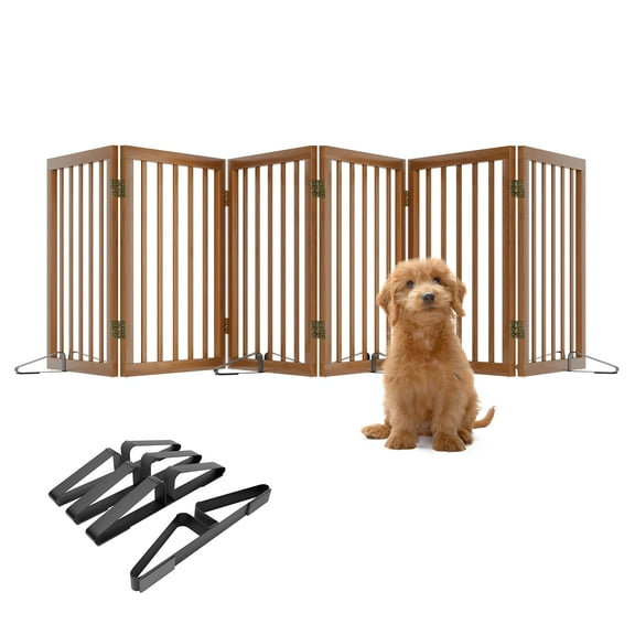 Smart FENDEE Bamboo Dog Gate Freestanding Pet Gate with 2 Support Feet for Doorways,Walnut,24"H,6 Panel