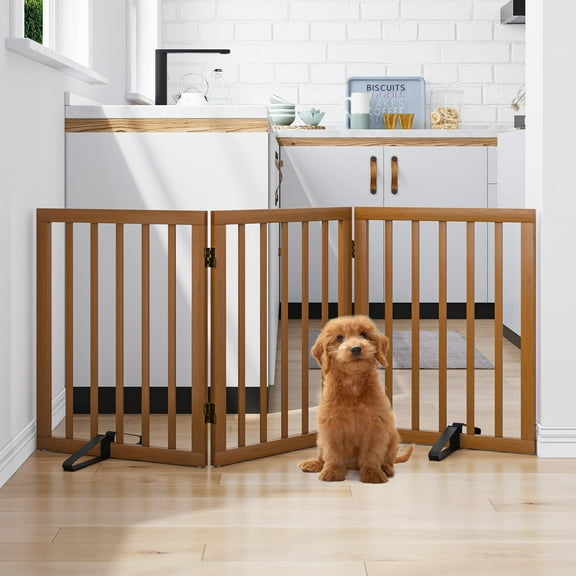 Smart FENDEE Bamboo Dog Gate Freestanding Pet Gate with 2 Support Feet for Doorways,Walnut,24"H