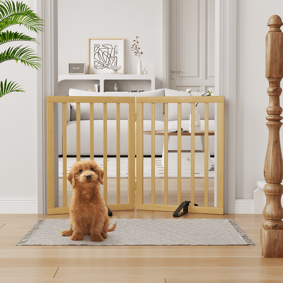 Smart FENDEE Bamboo Dog Gates for Doorways Freestanding Pet Gate, 2 Support Feet, 24"H, Natural