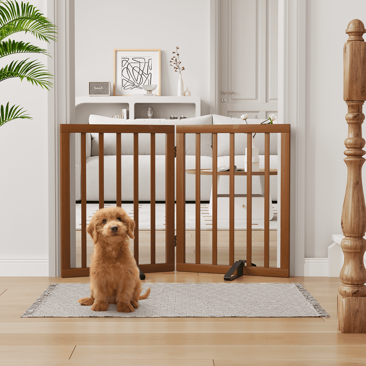 Smart FENDEE Bamboo Dog Gates for Doorways Freestanding Pet Gate, 2 Support Feet, 24"H, Walnut