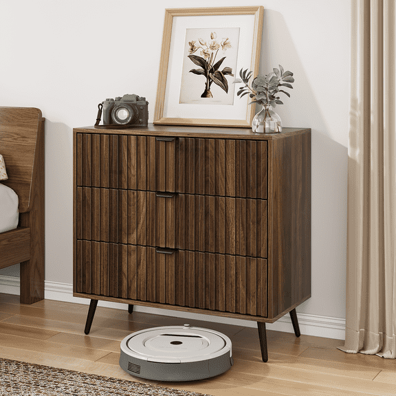 Smart FENDEE Bedroom Dresser with 3 Fluted Drawer Wooden Closet Storage Organizer for Bedroom,Walnut