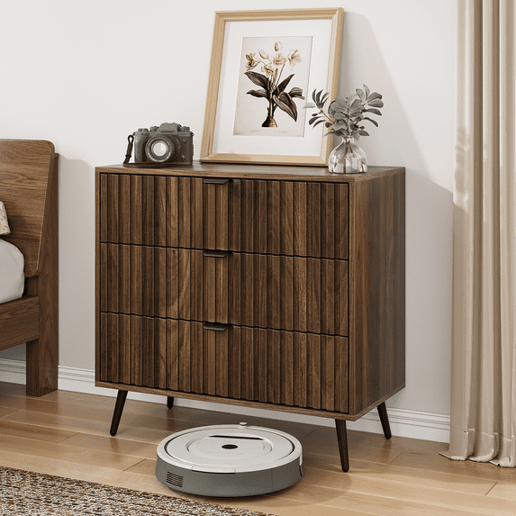 Smart FENDEE Bedroom Dresser with 3 Fluted Drawer Wooden Closet Storage Organizer for Bedroom,Walnut