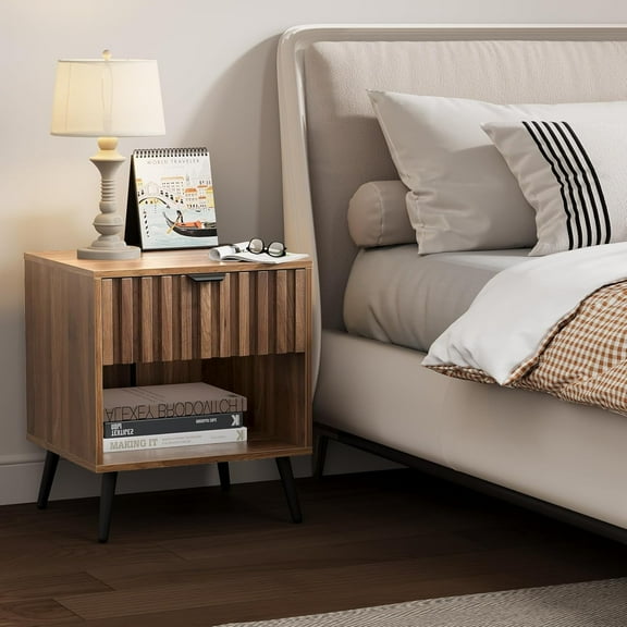 Smart FENDEE Bedroom Nightstand with Walnut Fluted Drawer and Open Shelf, End Table for Living Room, Adult
