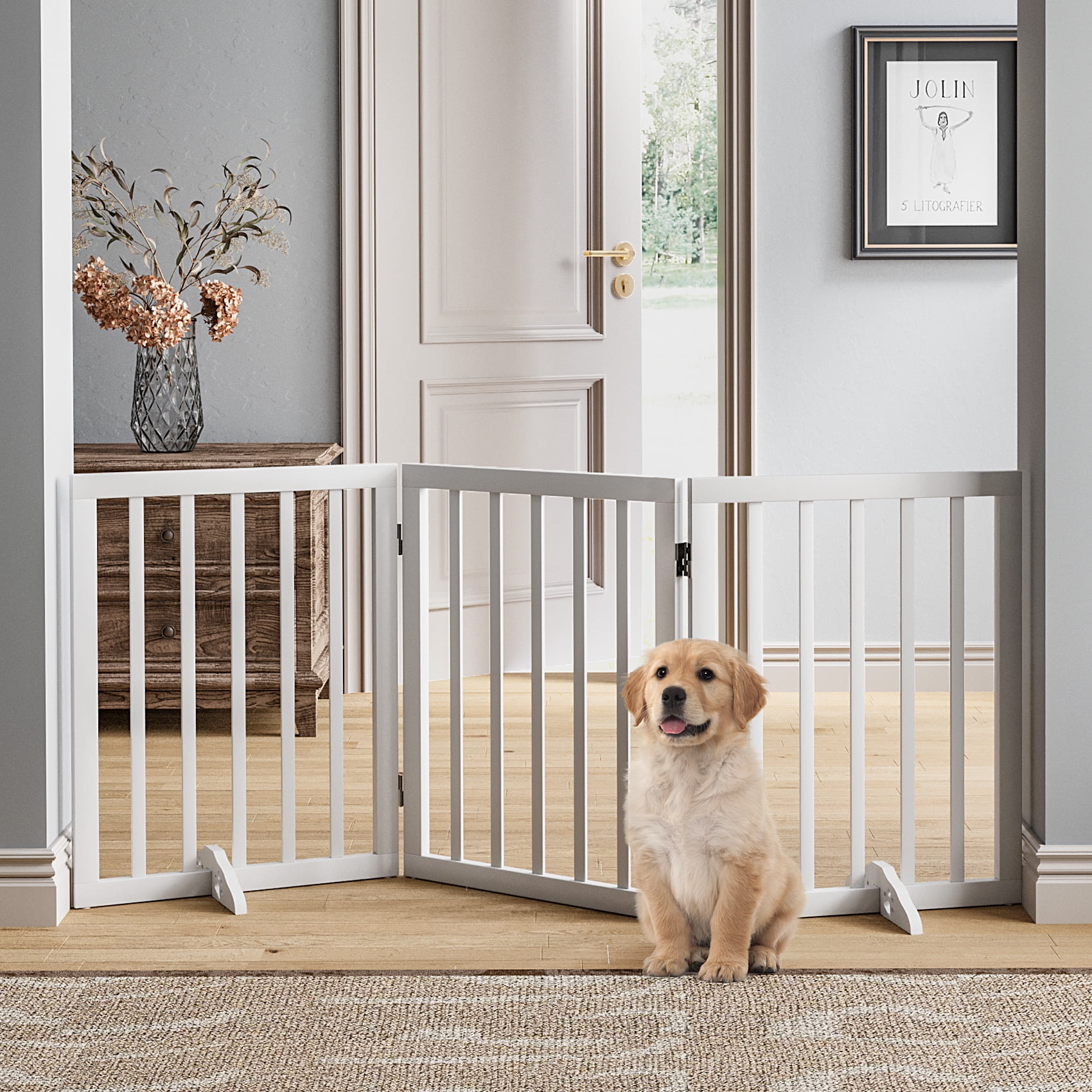 Smart FENDEE Dog Gate Wood Foldable Pet Gate For Doorway,24"H,White ...