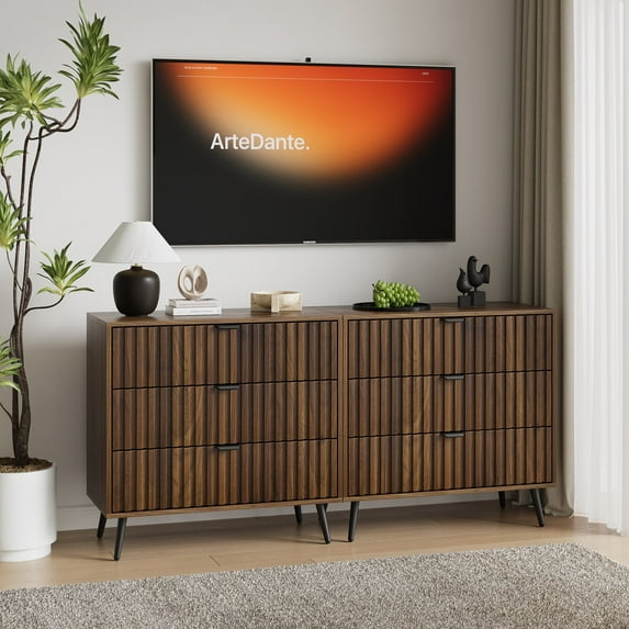 Smart FENDEE Dresser with 3 Fluted Drawer Storage Cabinet,Nightstands Sets of 2,Bedroom,Walnut Wood