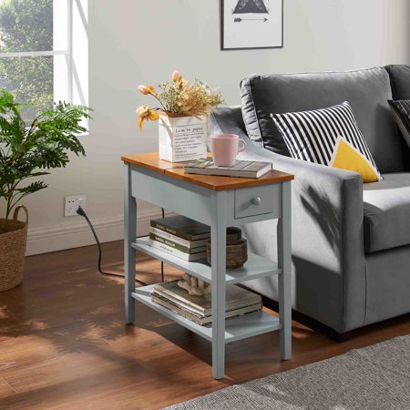 Smart FENDEE End Table with Charging Station and 1 Drawer,2 Shelf,Gray,11.8"*24"*24.2"
