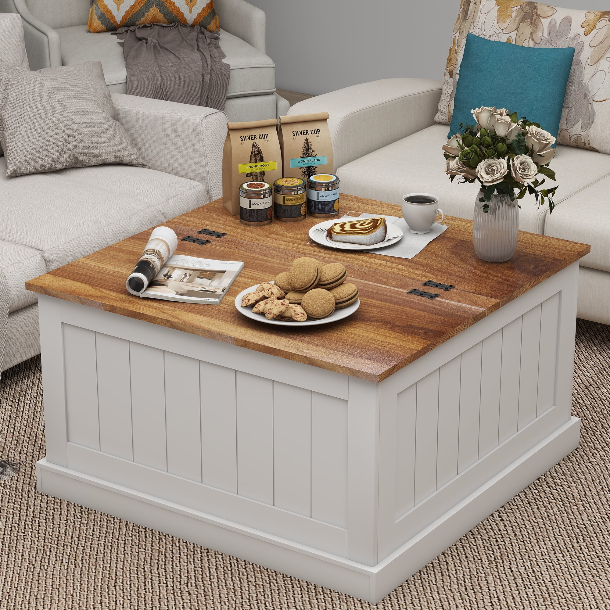 Smart FENDEE Farmhouse Coffee Table Square Center Table with Hinged Lift Top for Living Room White