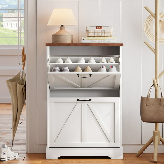 Smart FENDEE Farmhouse Shoe Cabinet with 2 Flip Drawers, Shoe Storage Cabinet for Entryway, White