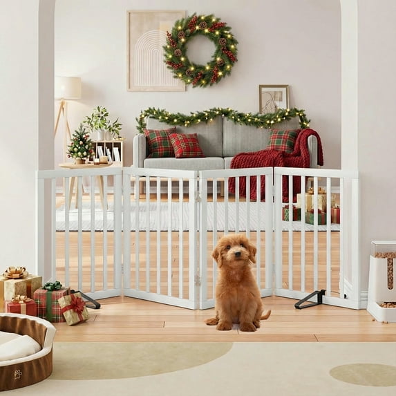 Smart FENDEE Foldable Dog Gate Bamboo Pet Gate Extra Wide Dog Fence for Doorway,24"H,White,4 Panels