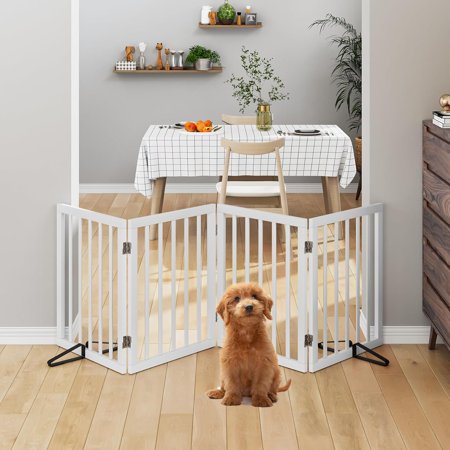 Smart FENDEE Foldable Dog Gate Bamboo Pet Gate Extra Wide Dog Fence for Doorway,24"H,White,4 Panels