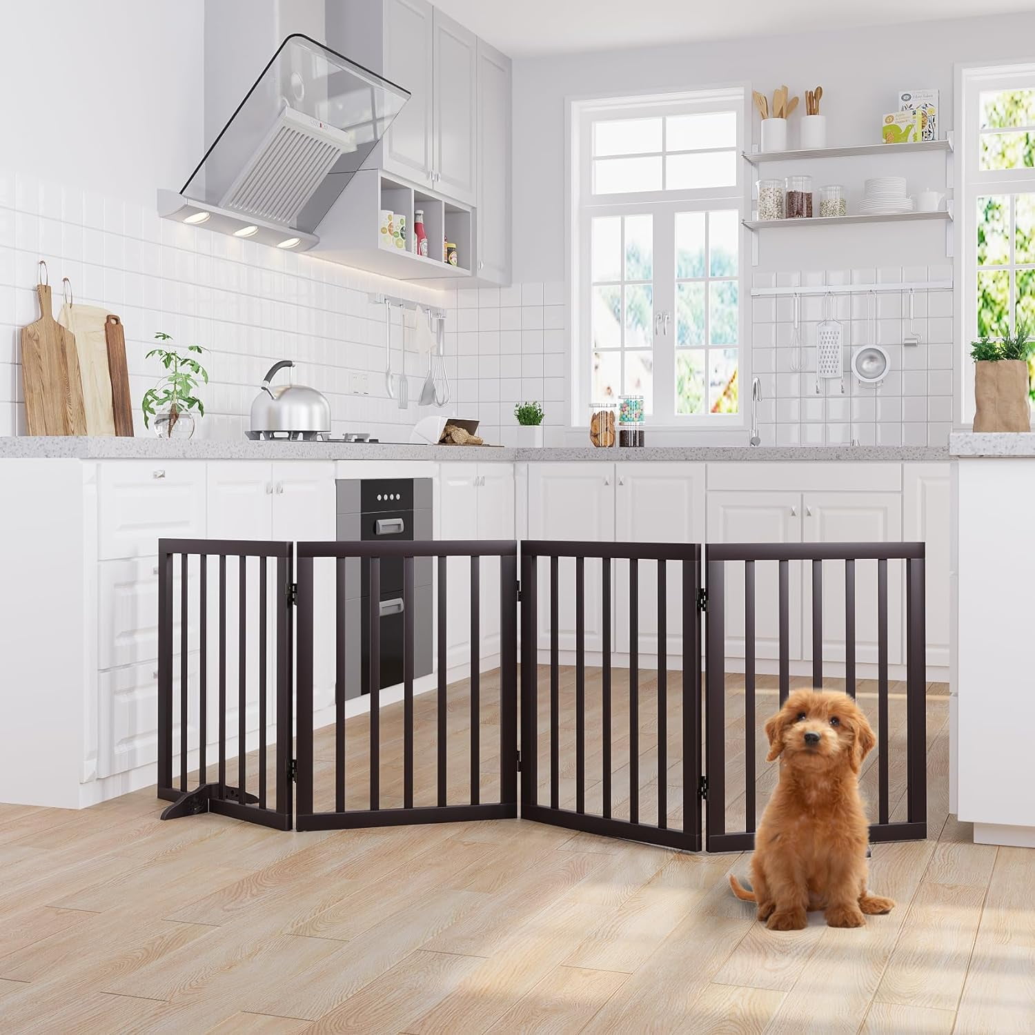 Smart FENDEE Foldable Dog Gate Extra Wide Dog Fence Wooden Pet Gate for Doorway 24 H Brown Walmart Business Supplies