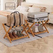 Smart FENDEE Fully Assembled Luggage Racks with 5 Nylon Straps,Bedroom, Hotel,Honey Oak,Pack of 2