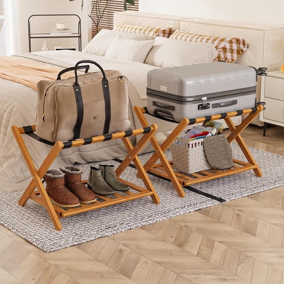 Smart FENDEE Fully Assembled Luggage Racks with 5 Nylon Straps,Bedroom, Hotel,Honey Oak,Pack of 2