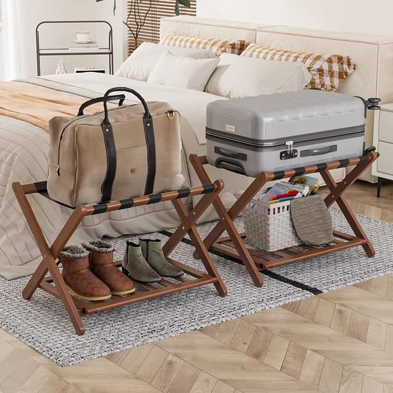 Smart FENDEE Fully Assembled Luggage Racks with 5 Nylon Straps,Bedroom, Hotel,Walnut,Pack of 2