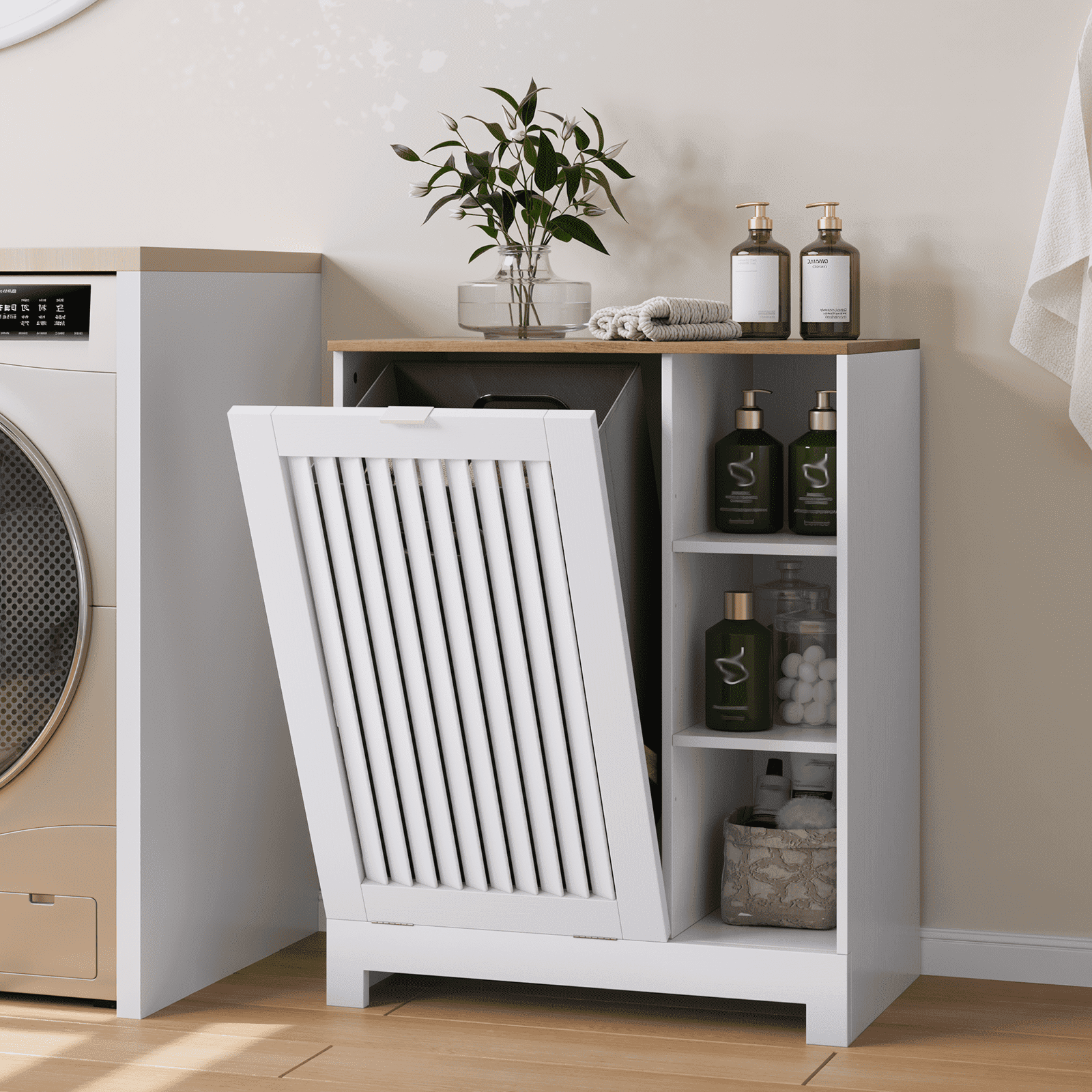 Smart FENDEE Laundry Hamper Cabinet with Louvered Door,Canvas Basket,3 Open Drawers, Laundry, White