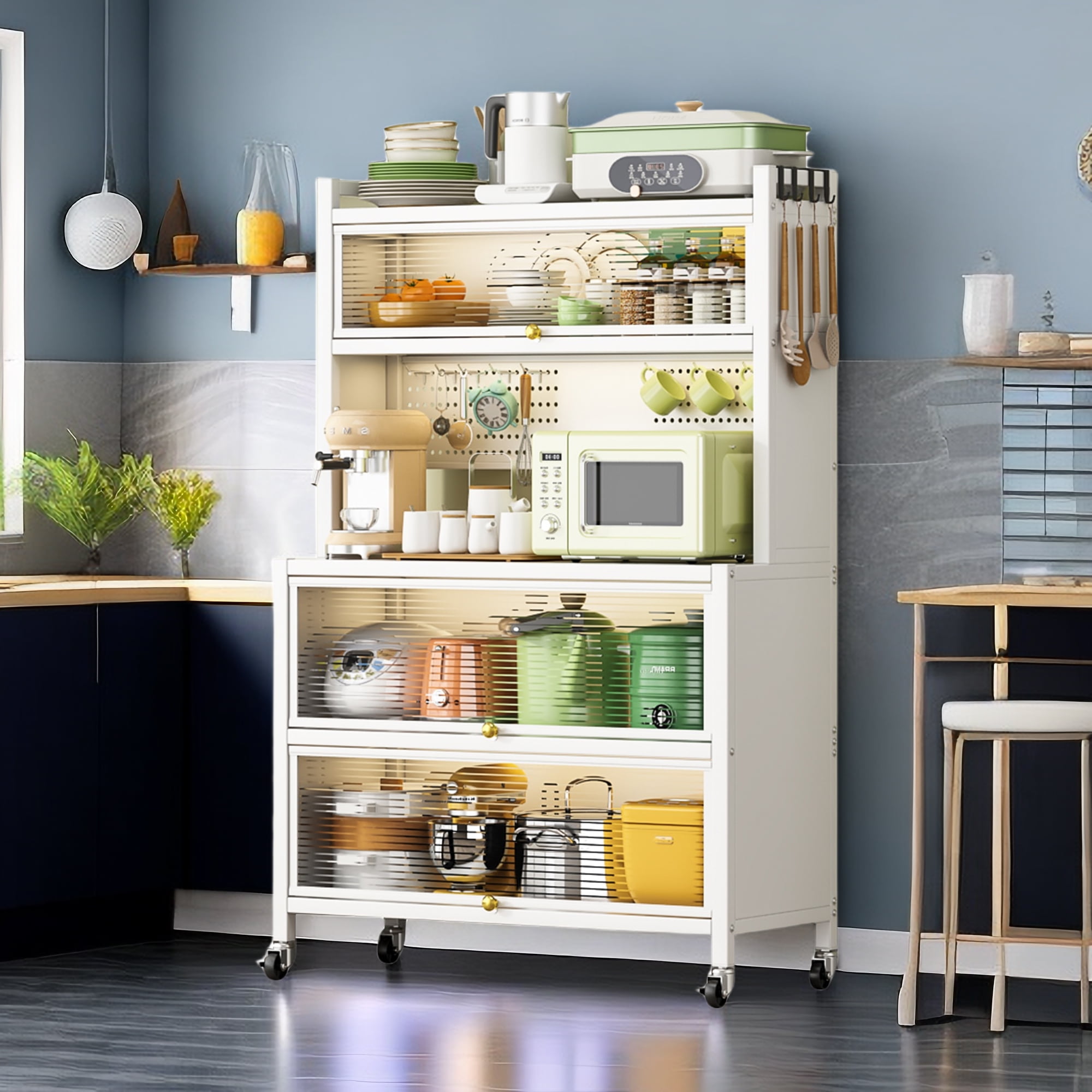 Smart FENDEE Metal Bakers Rack with Wheels Microwave Stand Storage Cabinet for Kitchen White