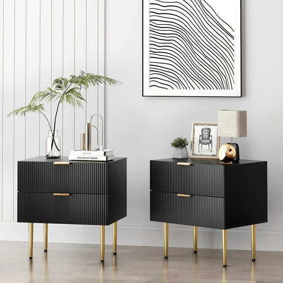 Smart FENDEE Modern Nightstands with 2 Drawers Bedside Table for Bedroom, Black, Set of 2, Adult