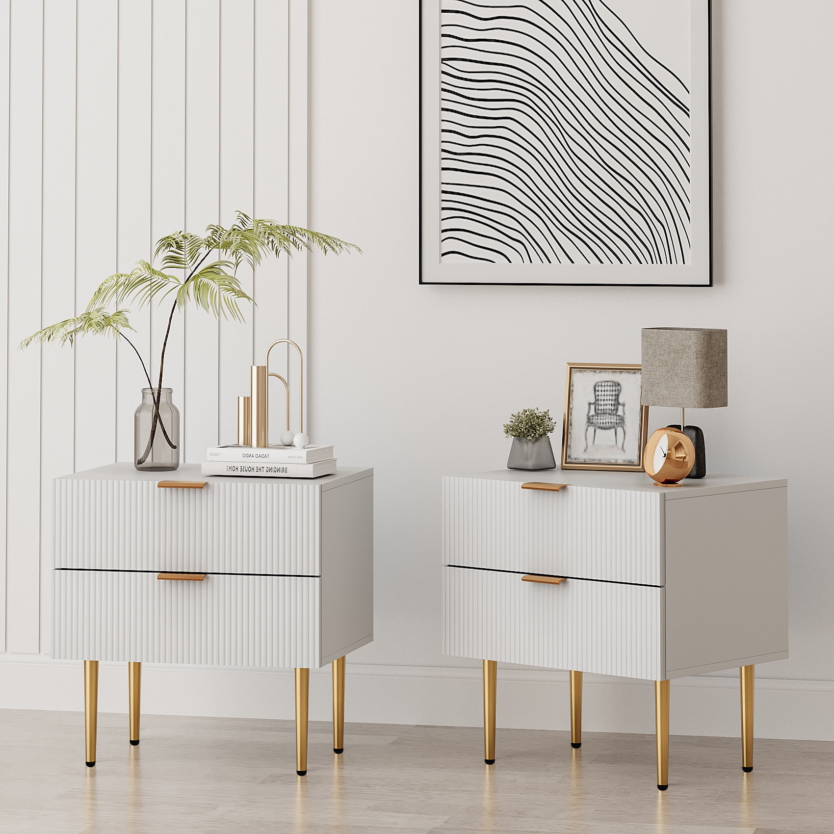 Smart FENDEE Modern Nightstands with 2 Drawers Bedside Table for Bedroom,White,Set of 2,Adult,Wooden