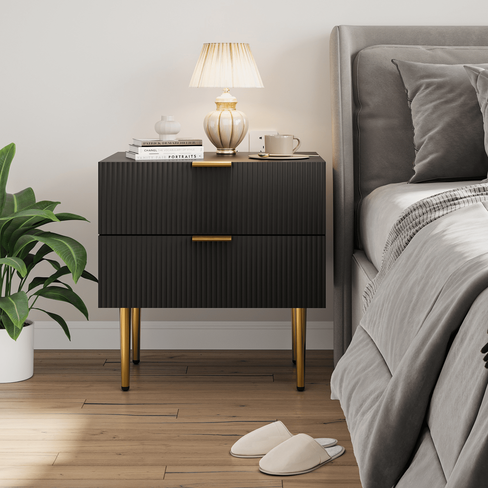 Black Fluted 2-Drawer Nightstand with Gold Accents